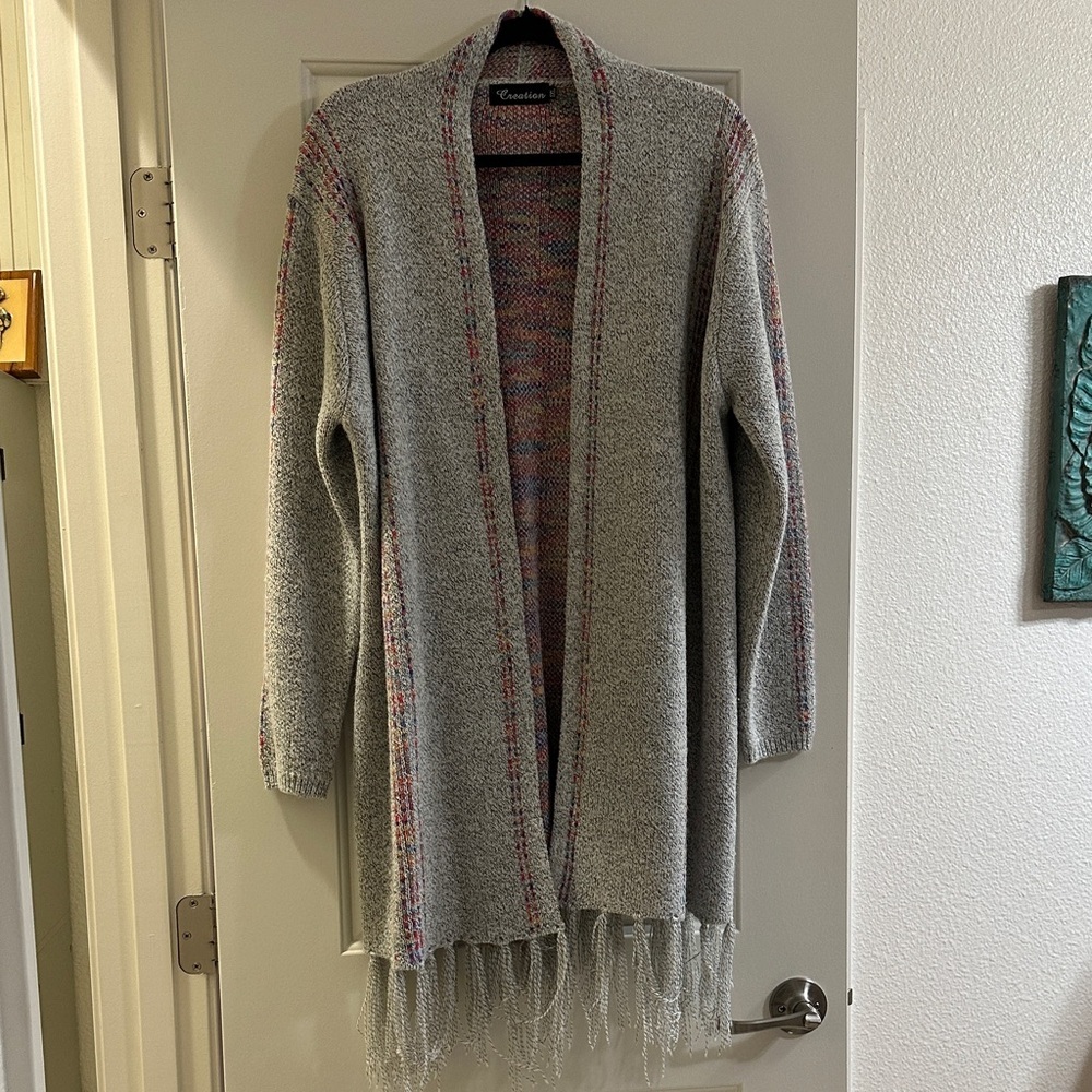 Creation Gray and Multicolor Fringe Cardigan